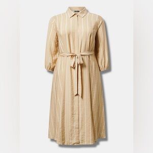 TORRID Collared Tie-Front Button Front Midi Shirt Dress Camel White 2X